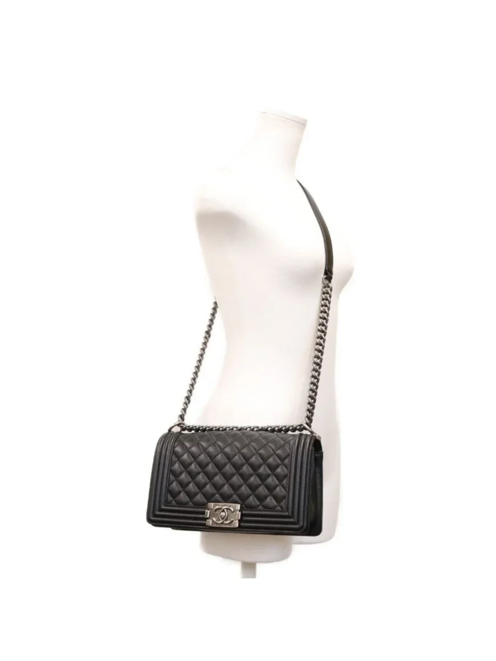 Chanel Black Caviar Silver Boy 25 Medium Chain Shoulder Bag